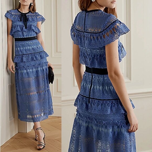 Self-Portrait Guipure-Lace Midi Dress~Blue~Short Sleeve Tear Drop US 0 / UK4 - Picture 1 of 16